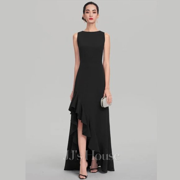 JJ's House A-line Scoop Asymmetrical Stretch Crepe Fancy Evening Dress Ruffle - Picture 1 of 10